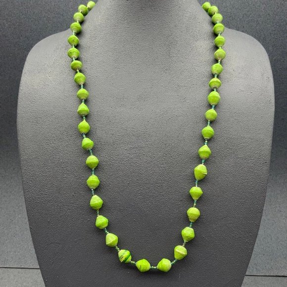 Green Rolled Paper Necklace Blue Iridescent Seed Bead - Picture 1 of 7